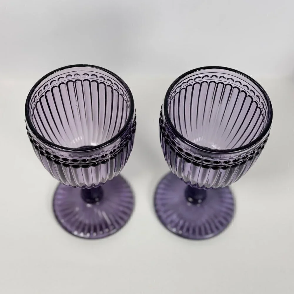 VTG Rosanna Wine Glasses 8 OZ Purple Mouth-Blown Thick Glass Fancy  2PCs